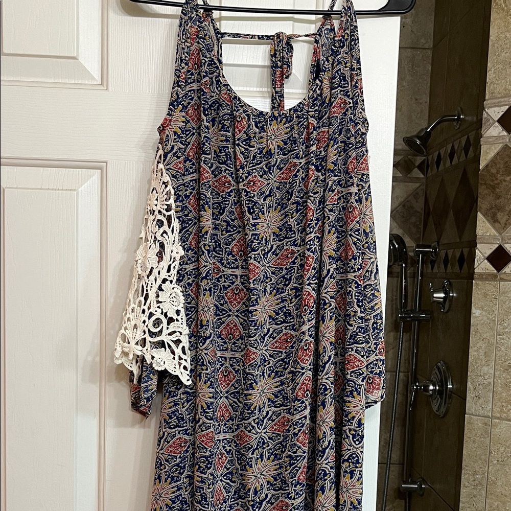 Umgee Blue and Red Asymmetrical Dress with Lace